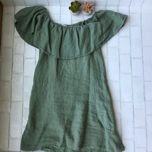 Off The Shoulder Army Green Linen dress w/pockets